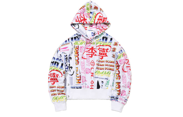 Li-Ning Li Ning Sweatshirts Unisex White Base Multicolor Print Hooded Non Detachable Moderate Regular