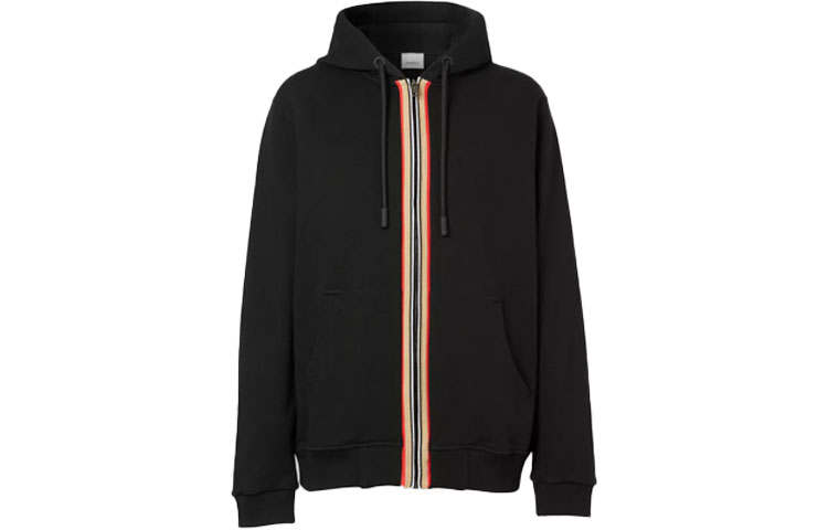 Burberry Icon Stripe Detail Cotton Zip Front Hooded Sweatshirt