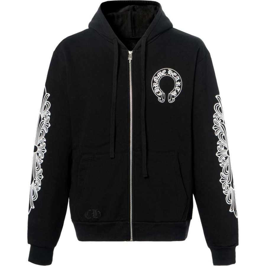 Chrome Hearts Horse Hoof Coiled Cross Flower Armband Zippers Fleece Lined Thickened Sweatshirt Unisex Black