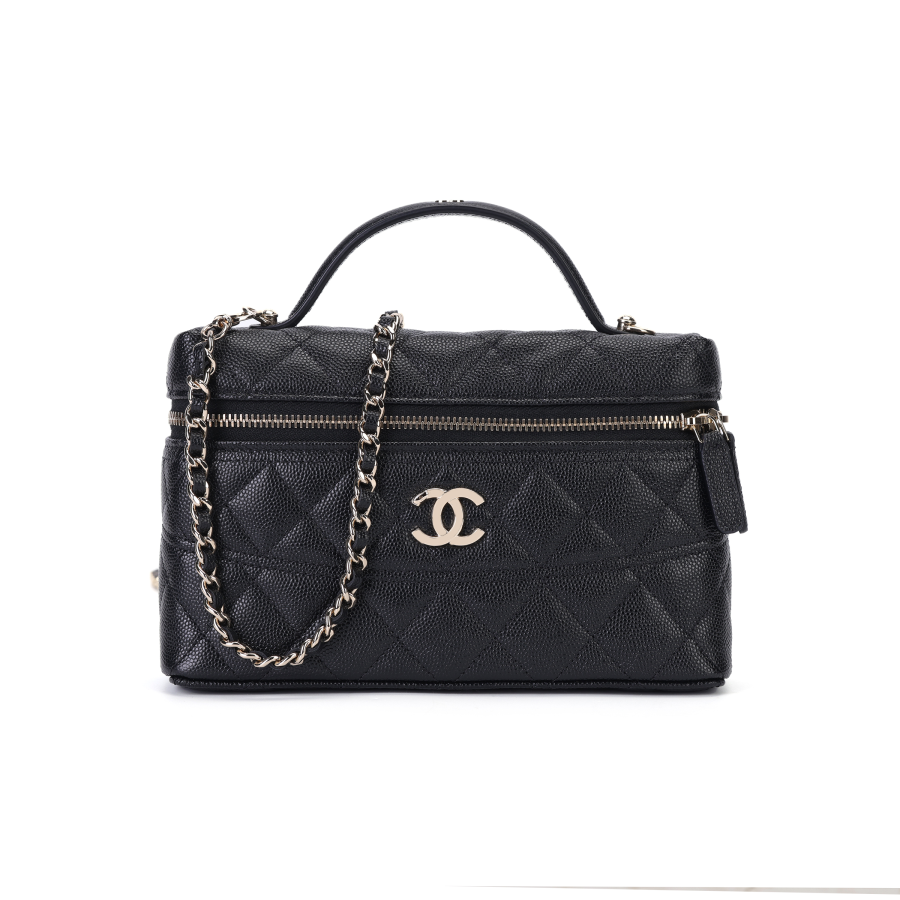 CHANEL Grain Calfskin Gold Metal Crossbody Handbag Women's Black