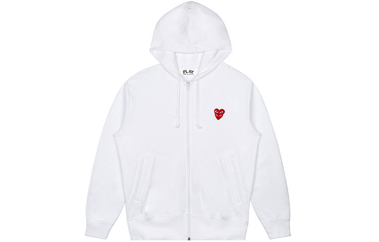 CDG Play Red Stacked Heart Zip Up Hoodie White