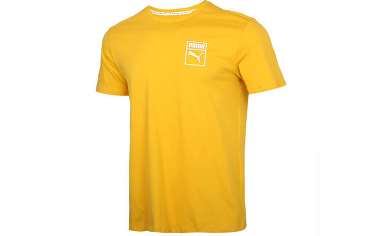 PUMA T Shirts Men's Yellow Crew Neck Moderate Straight Fit