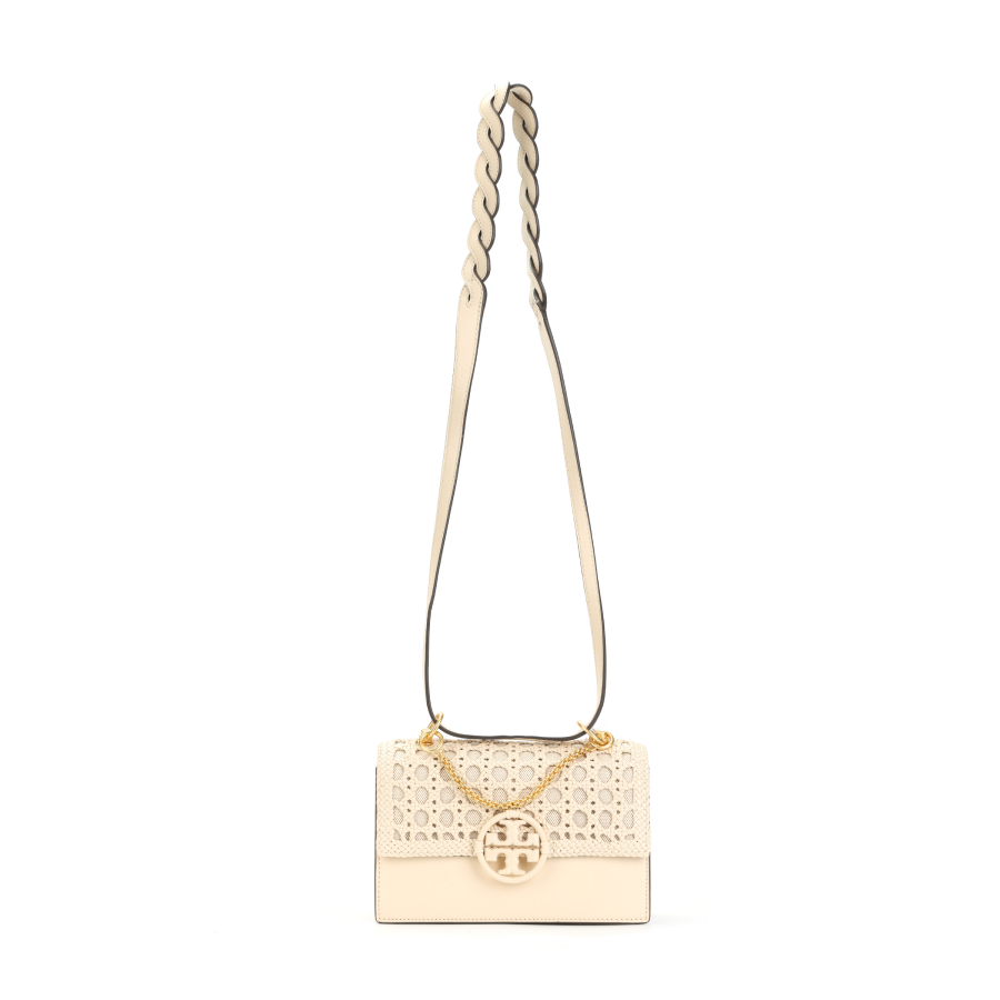 TORY BURCH Miller Woven Canvas With Leather Shoulder Bag, Crossbody Bag Small Women's Cheese White