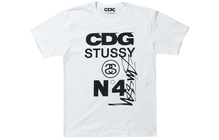 CDG X Stussy T Shirts Unisex White Crew Neck Moderate Straight Fit