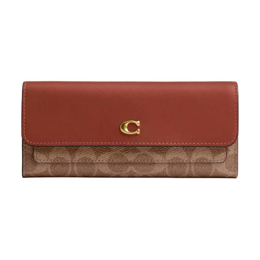 COACH Coated Canvas With Calfskin Wallet Regular Women's Brass & Charcoal