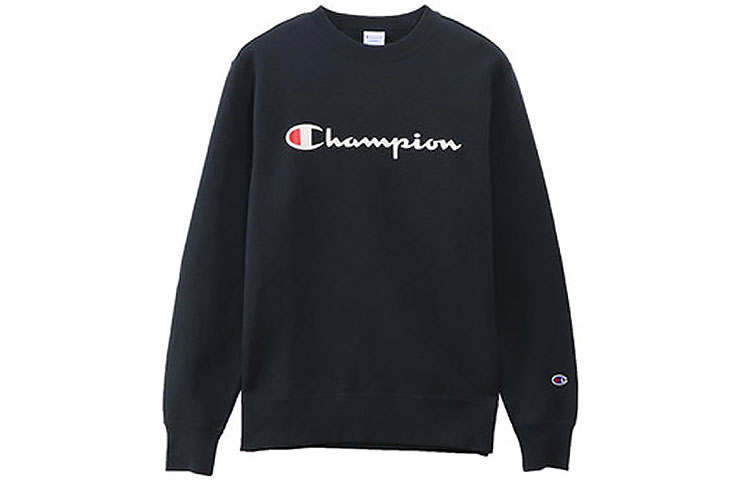 Champion Champion Classic Print Base Layer Pullover Fleece Lined Crew Neck Sweatshirt Japan Version Unisex Navy Blue