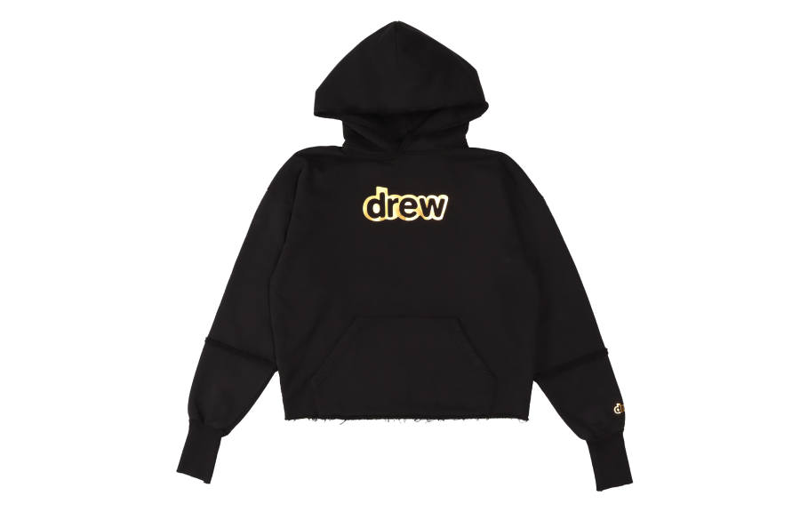Drew House Deconstructed Golden China Limited, Gold Stamped Letter, Distressed Hem Fleece Lined Pullover Sweatshirt