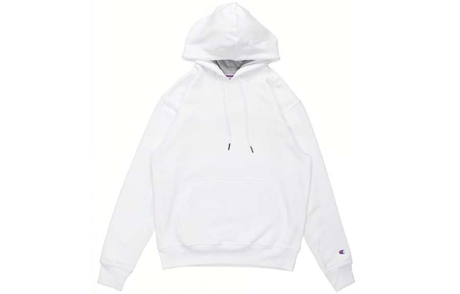 Champion Chest Cuff Double Logo Hooded Fleece Lined Long Sleeved Pullover Sweatshirt Unisex White