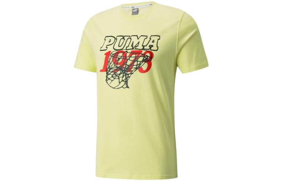PUMA T Shirts Men's Light Yellow Crew Neck Moderate Straight Fit