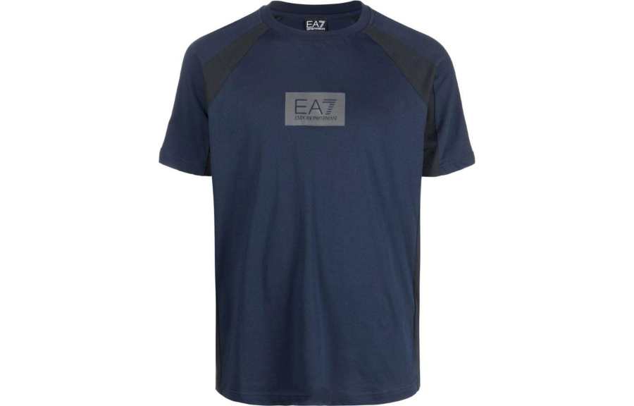 EMPORIO ARMANI EA7 Collection Logo Print Patchwork Raglan Short Sleeved SS23 T Shirt Men's Dark Blue