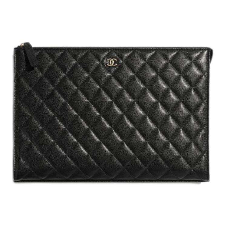 CHANEL Grain Cow Leather Material Gold Metal Clutch Women's Black