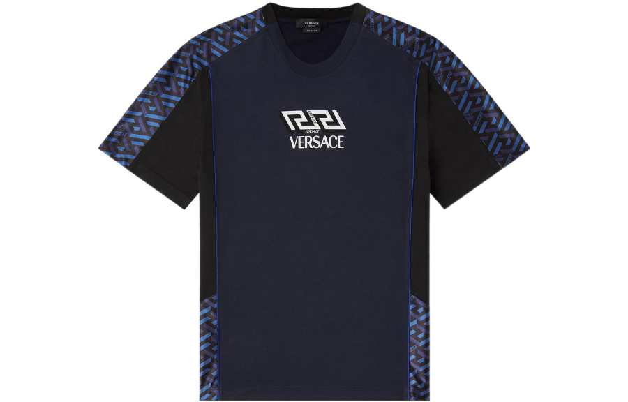 VERSACE Men Logo Letter Print Short Sleeve T-Shirt Navy Blue