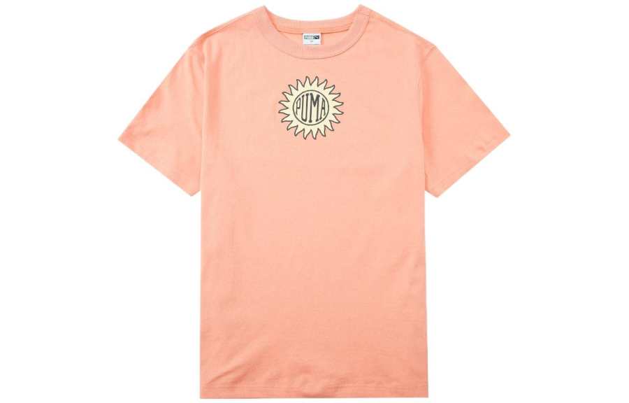 PUMA T Shirts Men's Peach Pink Crew Neck Moderate Straight Fit