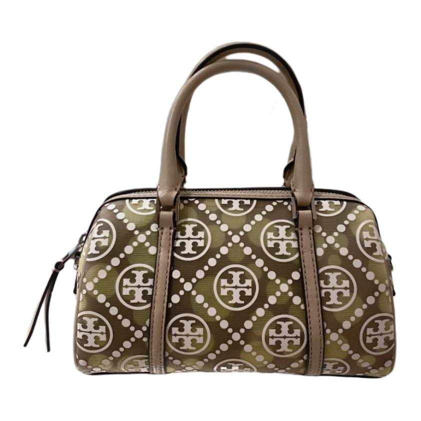 TORY BURCH T Monogram Polyamide Mesh Small Cylinder Bag, One Shoulder Handbag Women's Khaki & Melon