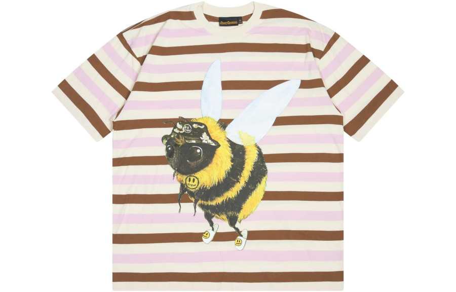 Drew house Smiley Collection T Shirts Unisex Ice Cream Stripes Crew Neck Moderate Straight Fit