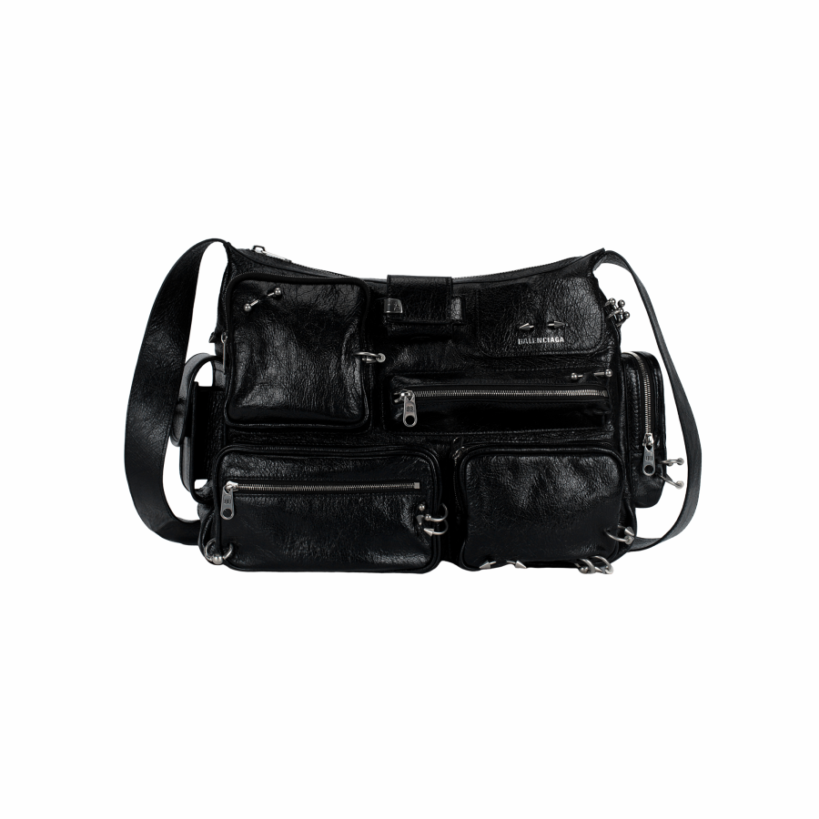 Balenciaga Superbusy Lambskin Messenger Bag With Piercings Shoulder Bag Men Black