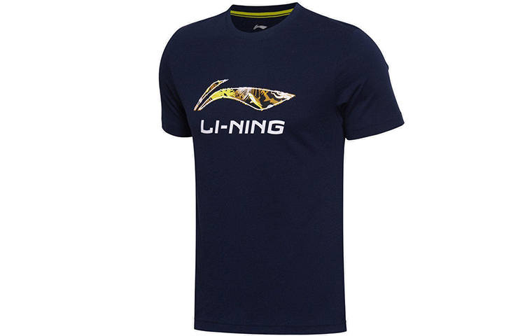 Li-Ning Li Ning T Shirts Men's Ink Blue Crew Neck Moderate Straight Fit