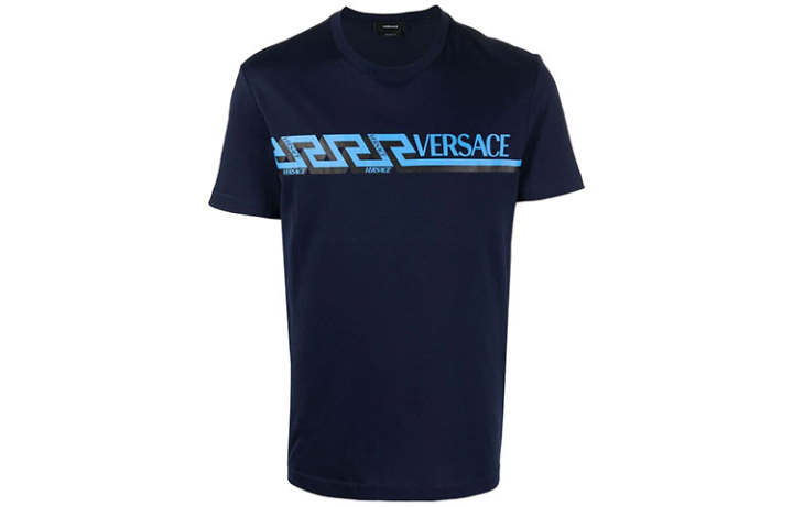 VERSACE VERSACE T Shirts Men's Blue Crew Neck Moderate Straight Fit