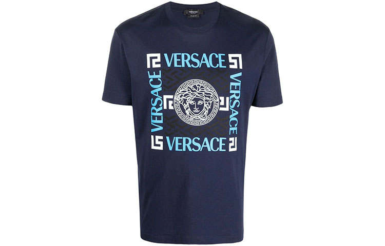 VERSACE T Shirts Men's Blue Crew Neck Moderate Straight Fit