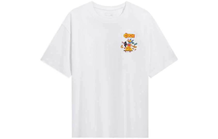 Li-Ning Li Ning T Shirts Unisex White Crew Neck Moderate Straight Fit