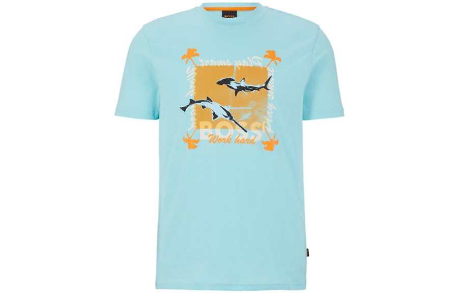 HUGO BOSS T Shirts Men's Sky Blue Crew Neck Moderate Straight Fit