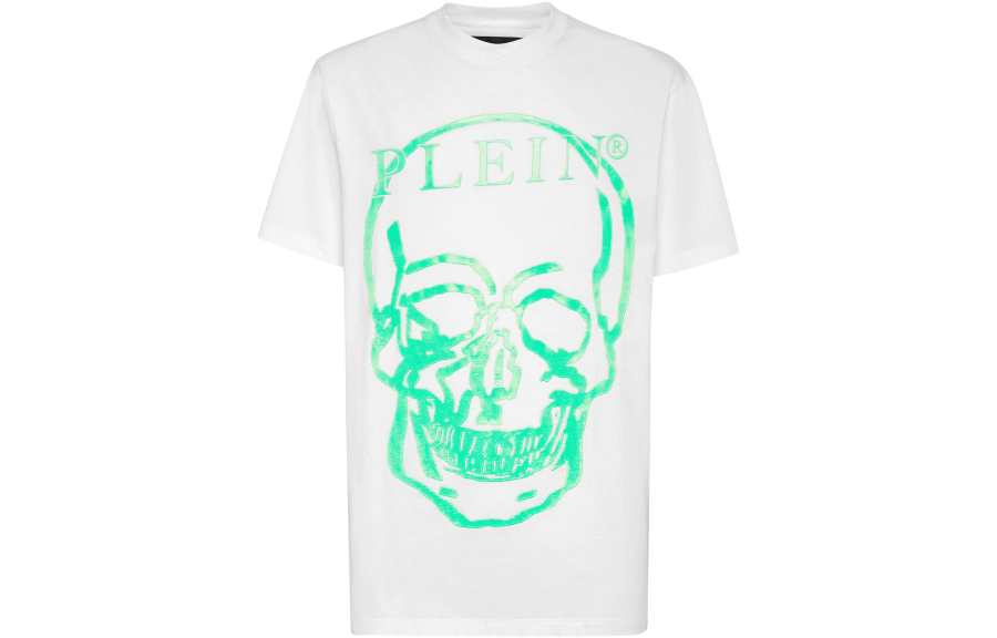 PHILIPP PLEIN T Shirts Unisex White Green Crew Neck Moderate Straight Fit