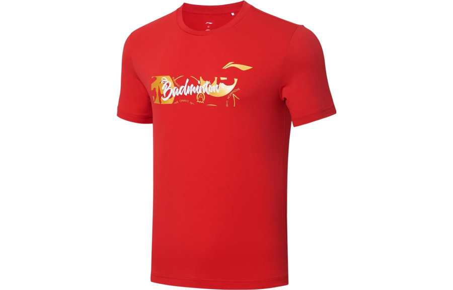 Li-Ning Li Ning Badminton Collection T Shirts Unisex Red Crew Neck Moderate Straight Fit