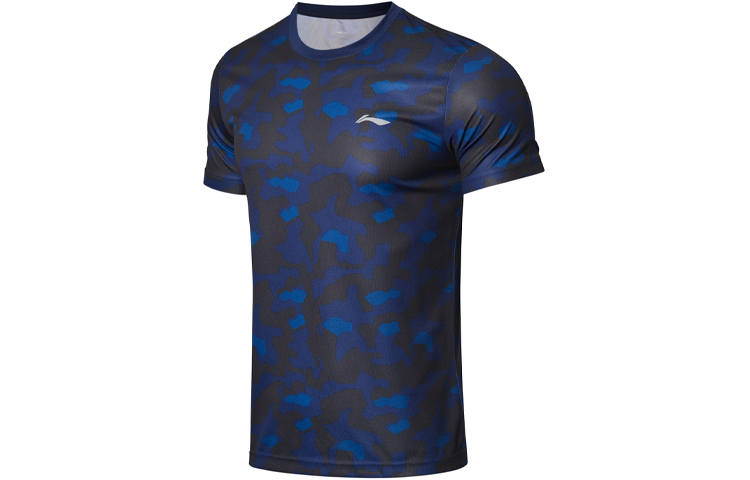 Li-Ning Li Ning T Shirts Men's Ink Blue Crew Neck Moderate Straight Fit