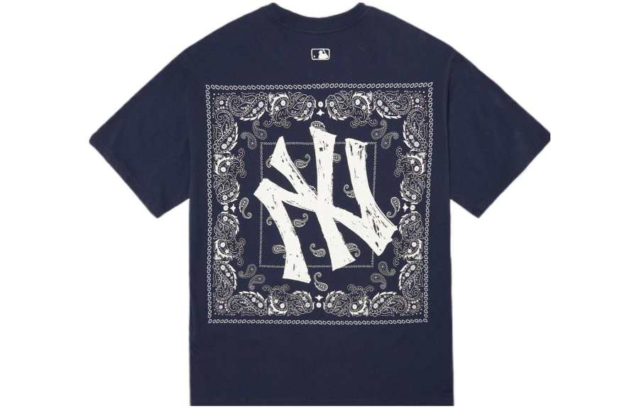 MLB Cashew Flower T Shirts Unisex Navy Blue Crew Neck Moderate