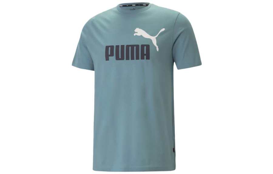 PUMA ESS+ T Shirts Men's Blue Crew Neck Moderate Straight Fit