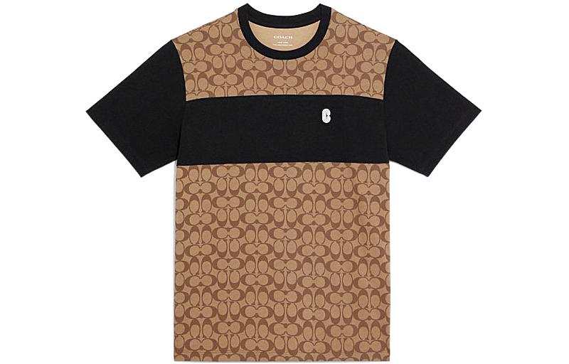 COACH SS22 Men Logo Full Print Patchwork Short Sleeve T-shirt Khaki