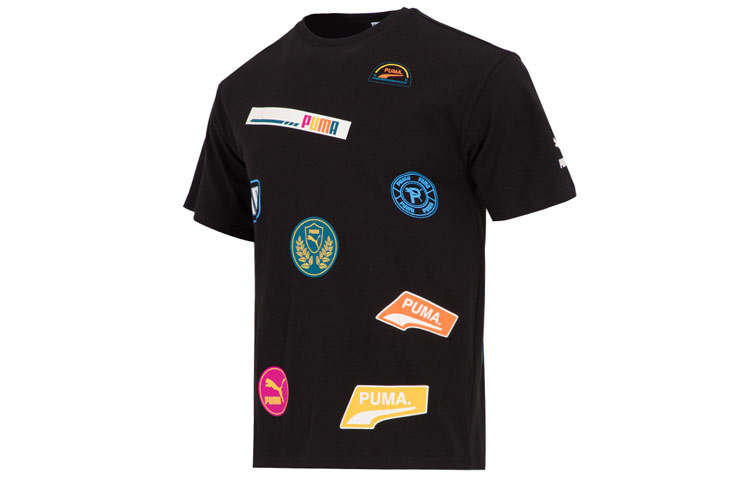 PUMA PRINT MIX BADGE T Shirts Men's Black Crew Neck Moderate Straight Fit