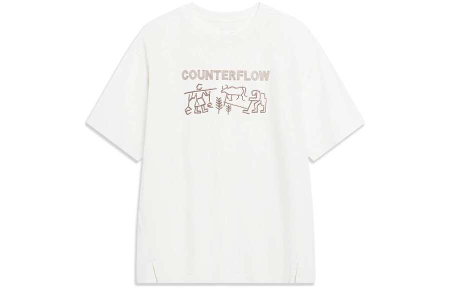 Li-Ning Li Ning T Shirts Unisex White Crew Neck Moderate Straight Fit