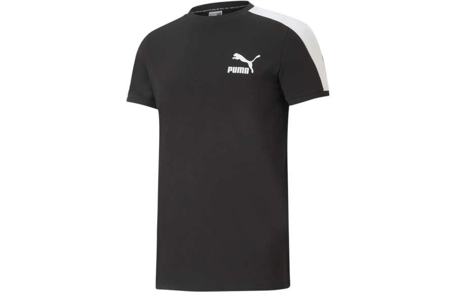 PUMA T7 T Shirts Men's Black Crew Neck Moderate Straight Fit