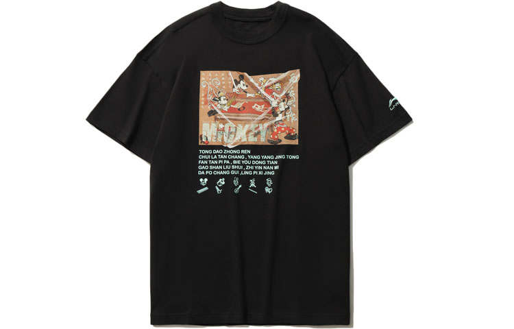Li-Ning Li Ning X Disney Sports Fashion Collection T Shirts Men's Black Crew Neck Moderate Straight Fit