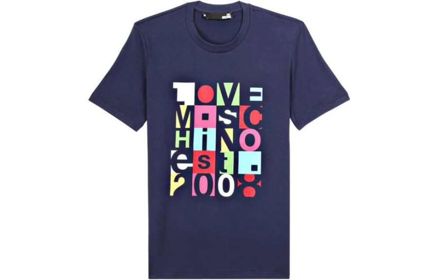 LOVE MOSCHINO T Shirts Men's Blue Crew Neck Thin Straight Fit