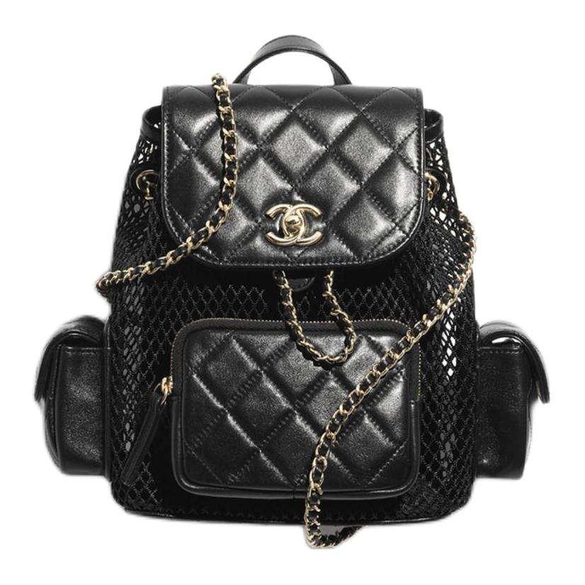 CHANEL Sheepskin Material Gold Metal Backpack Women's Black