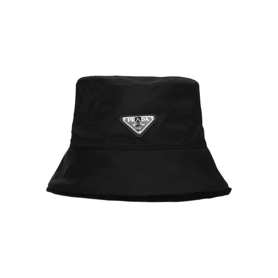 PRADA triangle-logo shearling bucket hat