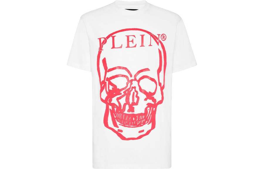 PHILIPP PLEIN T Shirts Unisex White Pink Crew Neck Moderate Straight Fit