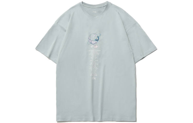 Li-Ning Li Ning Sports Fashion Collection T Shirts Men's Mist Blue Crew Neck Moderate Straight Fit