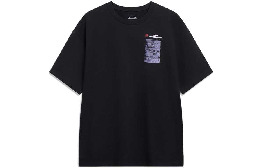 Li-Ning Li Ning T Shirts Unisex Black Crew Neck Moderate Straight Fit