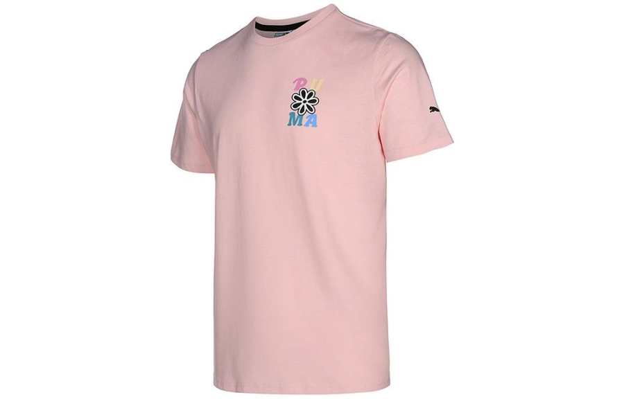 PUMA T Shirts Unisex Pink Crew Neck Moderate Straight Fit