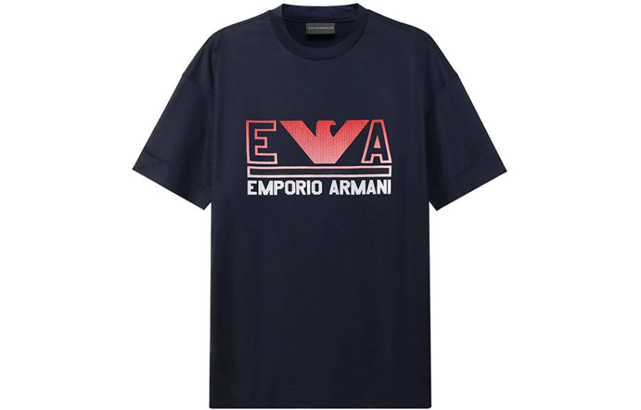 EMPORIO ARMANI EA7 T Shirts Men's Marine Blue Orange Red Crew Neck Moderate
