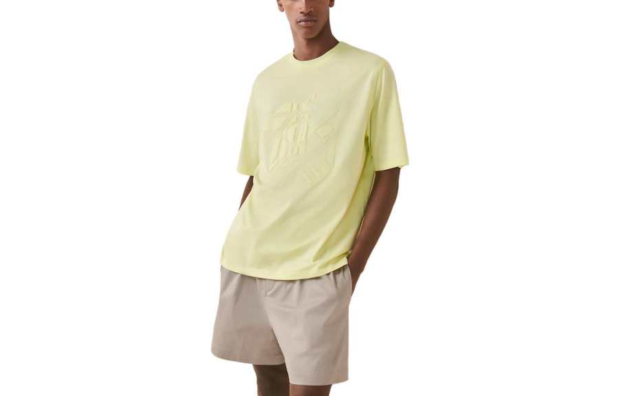 HERMES T Shirts Men's Yellow Crew Neck Moderate Straight Fit