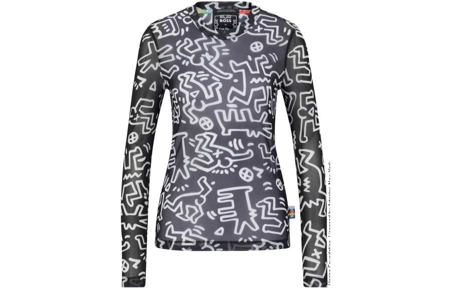 HUGO BOSS X Keith Haring T Shirts Unisex Black Crew Neck Moderate Straight Fit