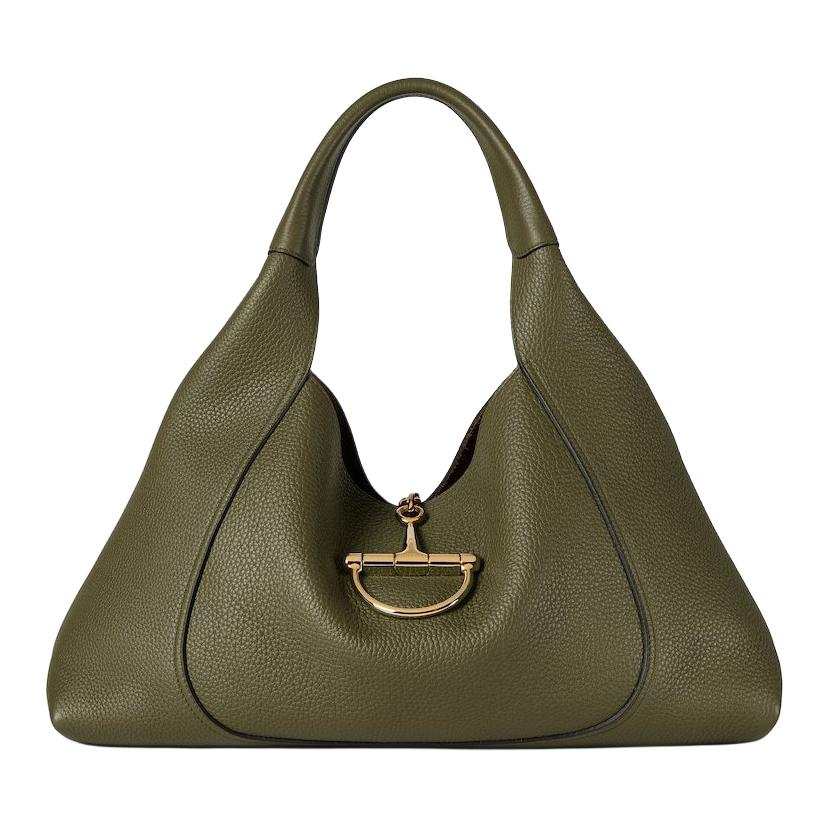 GUCCI Grain Leather Handbag Large Women's Dark Green