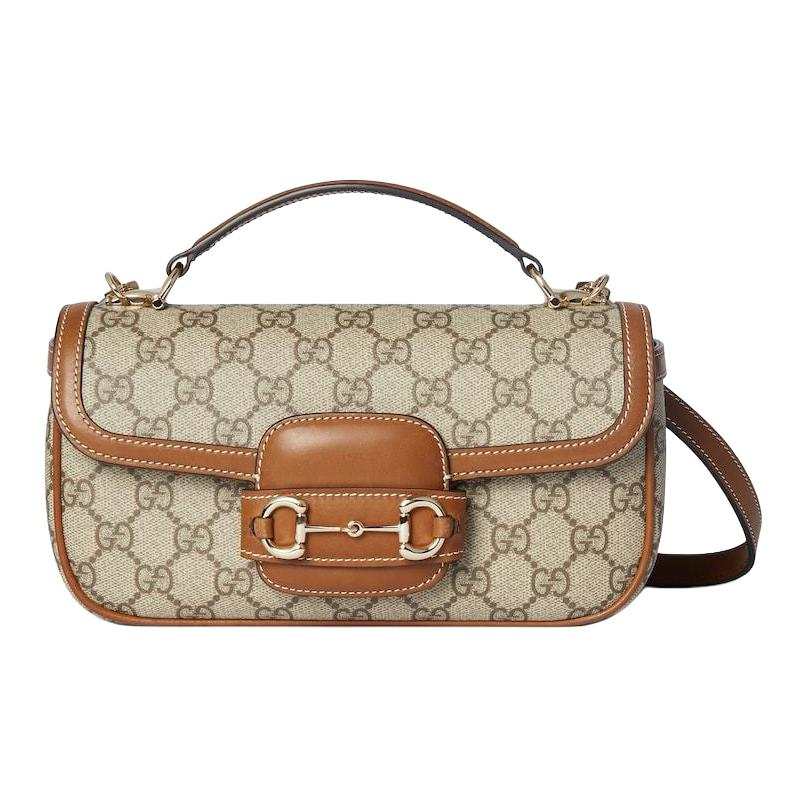 GUCCI Horsebit 1955 Coated Fabric One Shoulder Handbag Small Women's Beige & Dark Brown