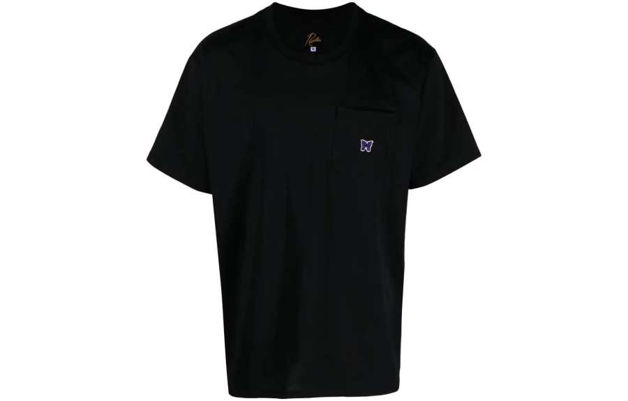 Needles T Shirts Men's Black Crew Neck Moderate Straight Fit