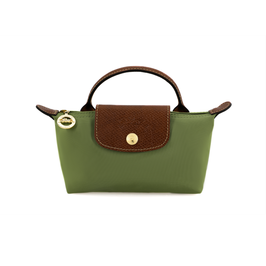 LONGCHAMP Le Pliage Cow Leather Trim Dumpling Bag Handbag Women's Wild Grass Green