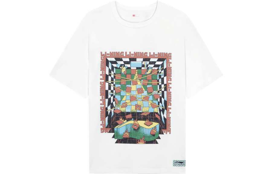 Li-Ning Li Ning T Shirts Unisex White Crew Neck Moderate Straight Fit